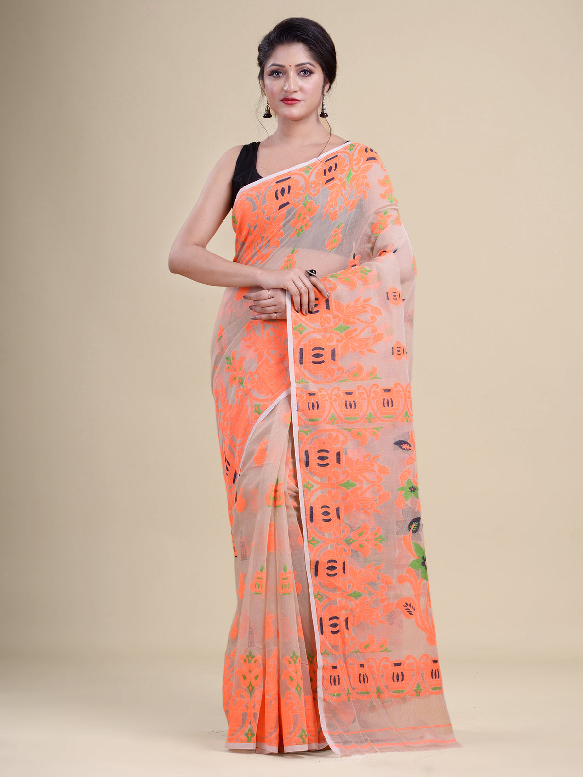 Beige & Orange Cotton Jamdani Saree