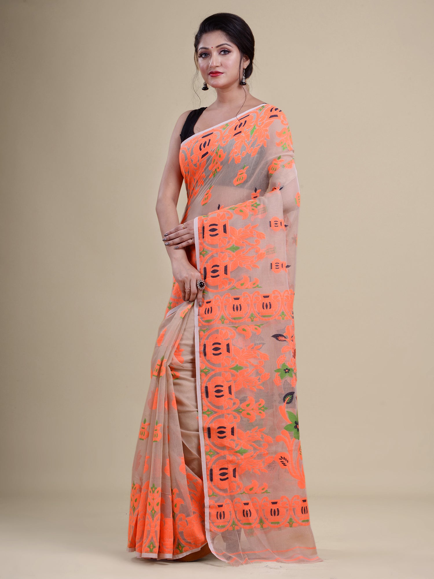 Beige & Orange Cotton Jamdani Saree