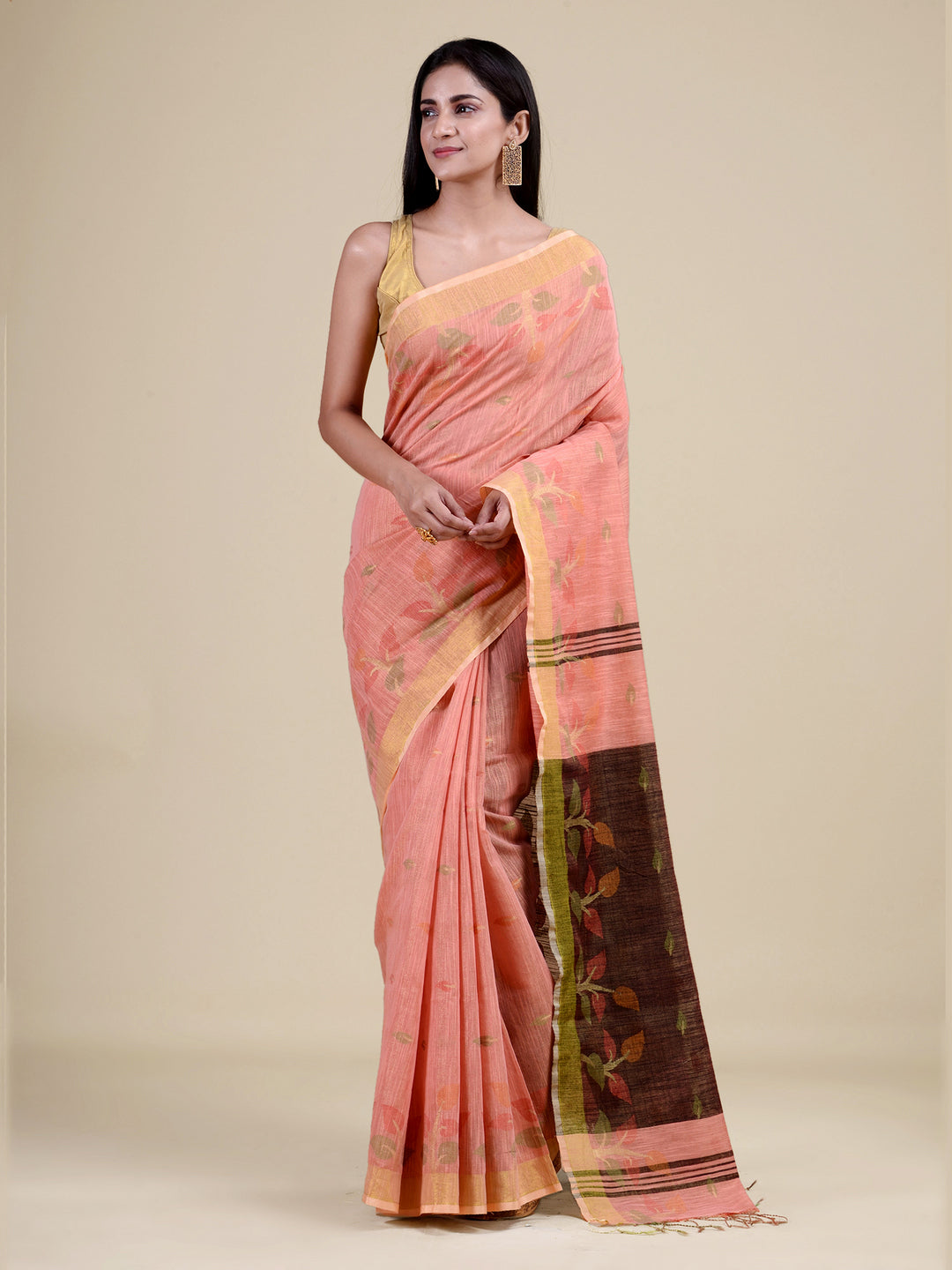 Peach & Black Tissue Silk Handloom Saree