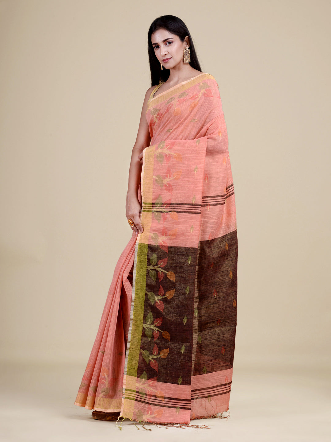 Peach & Black Tissue Silk Handloom Saree