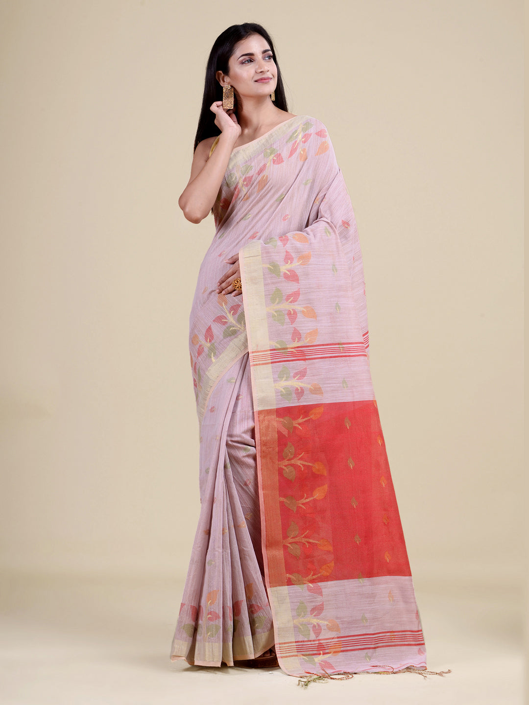 Off White & Red Tissue Silk Handloom Saree