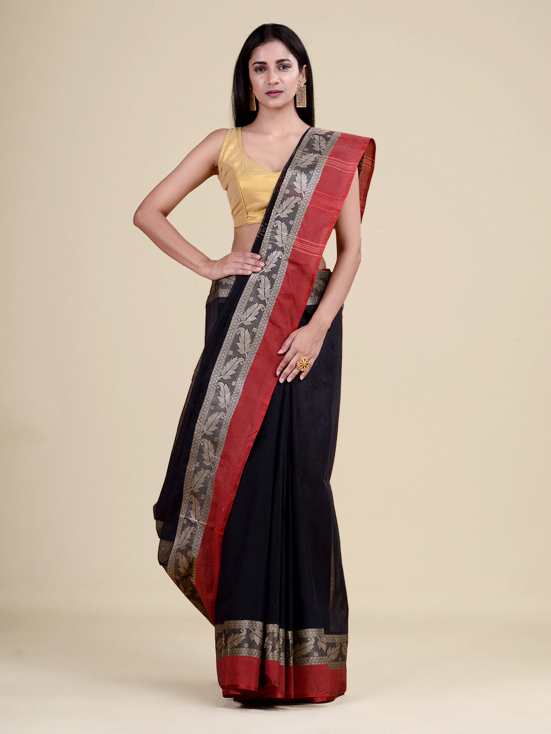 Black & Red pure cotton  taant saree