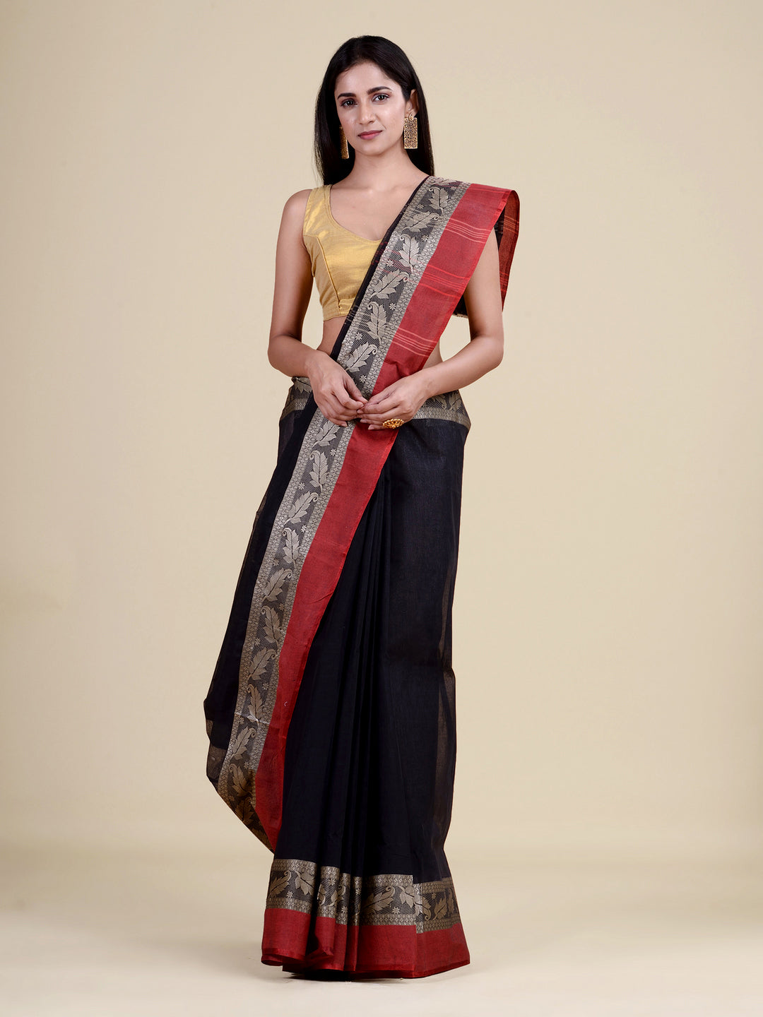 Black & Red pure cotton  taant saree