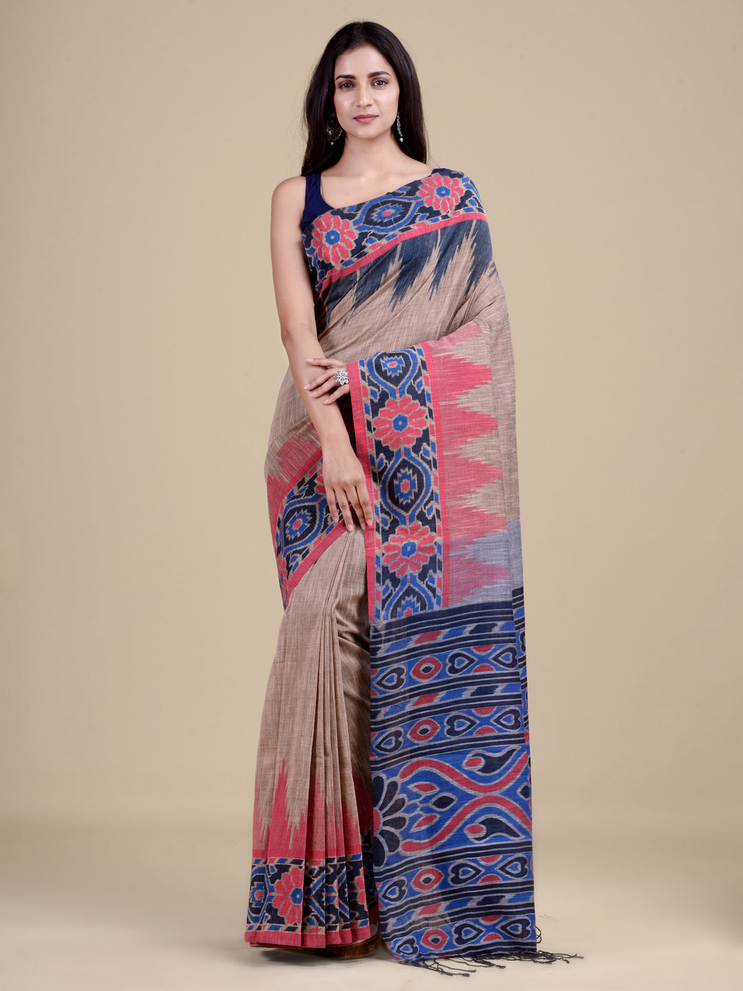 Beige & Multi Pure Cotton Handloom Saree