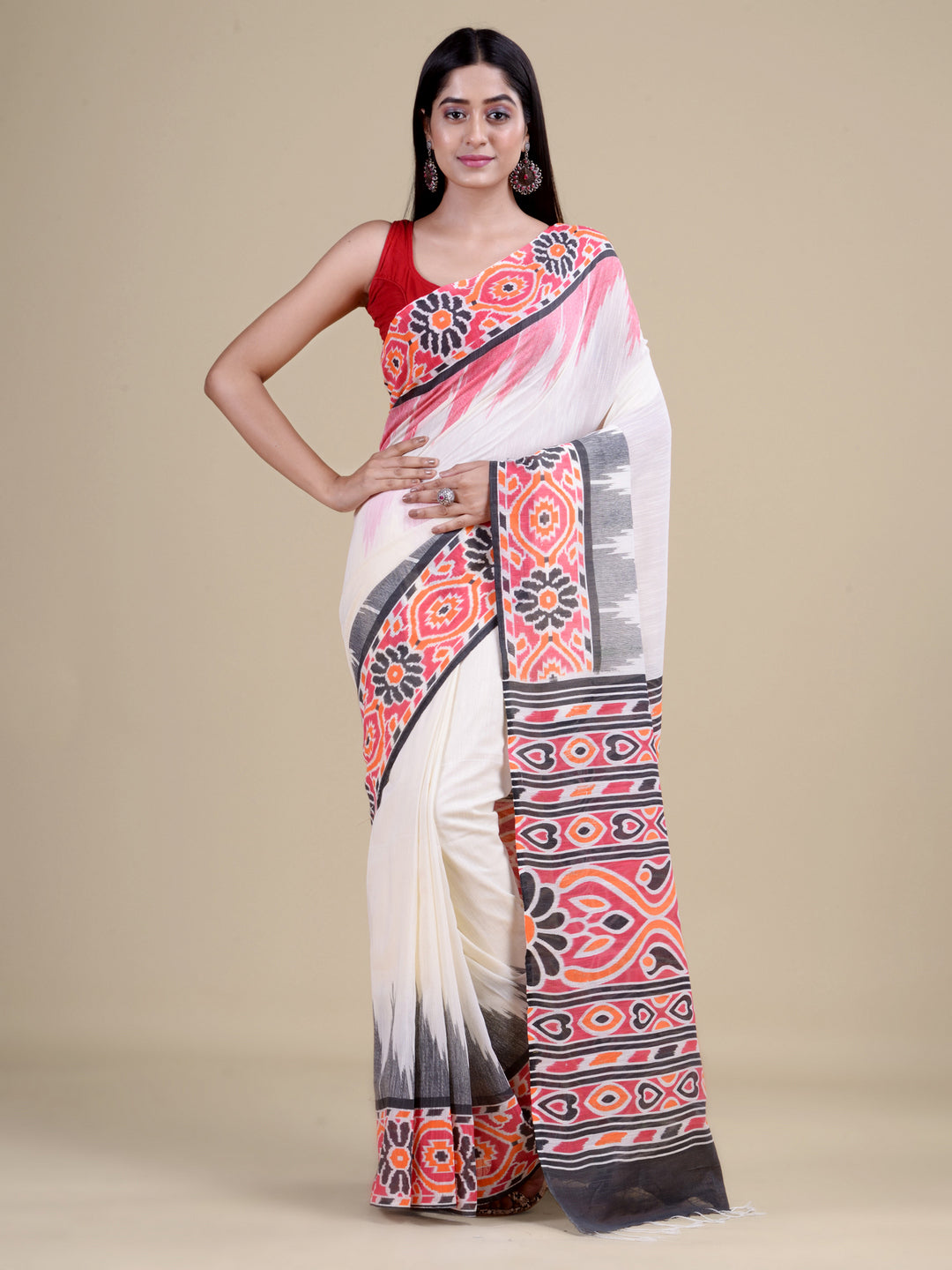 White & Black Pure Cotton Handloom Saree