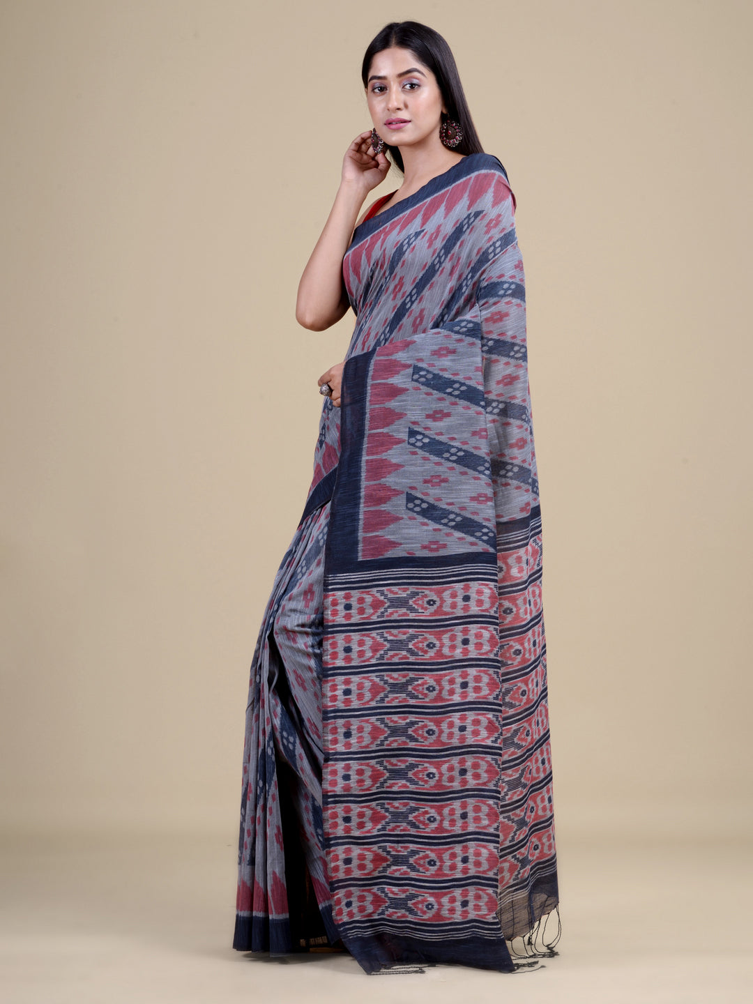 Grey & Brown Pure Cotton Handloom Saree