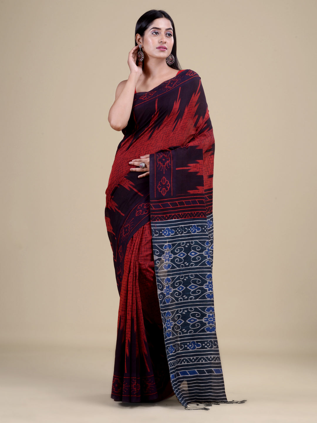 Red & Navy Blue Pure Cotton Handloom Saree