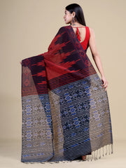 Red & Navy Blue Pure Cotton Handloom Saree