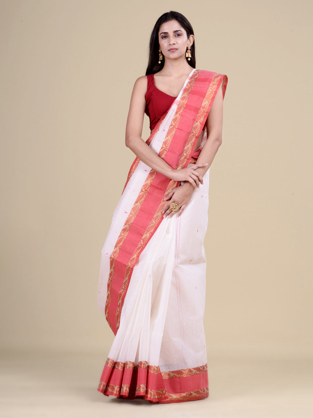 White & Red  pure cotton  taant saree