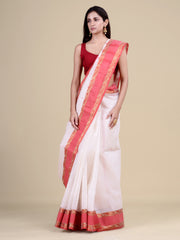 White & Red  pure cotton  taant saree