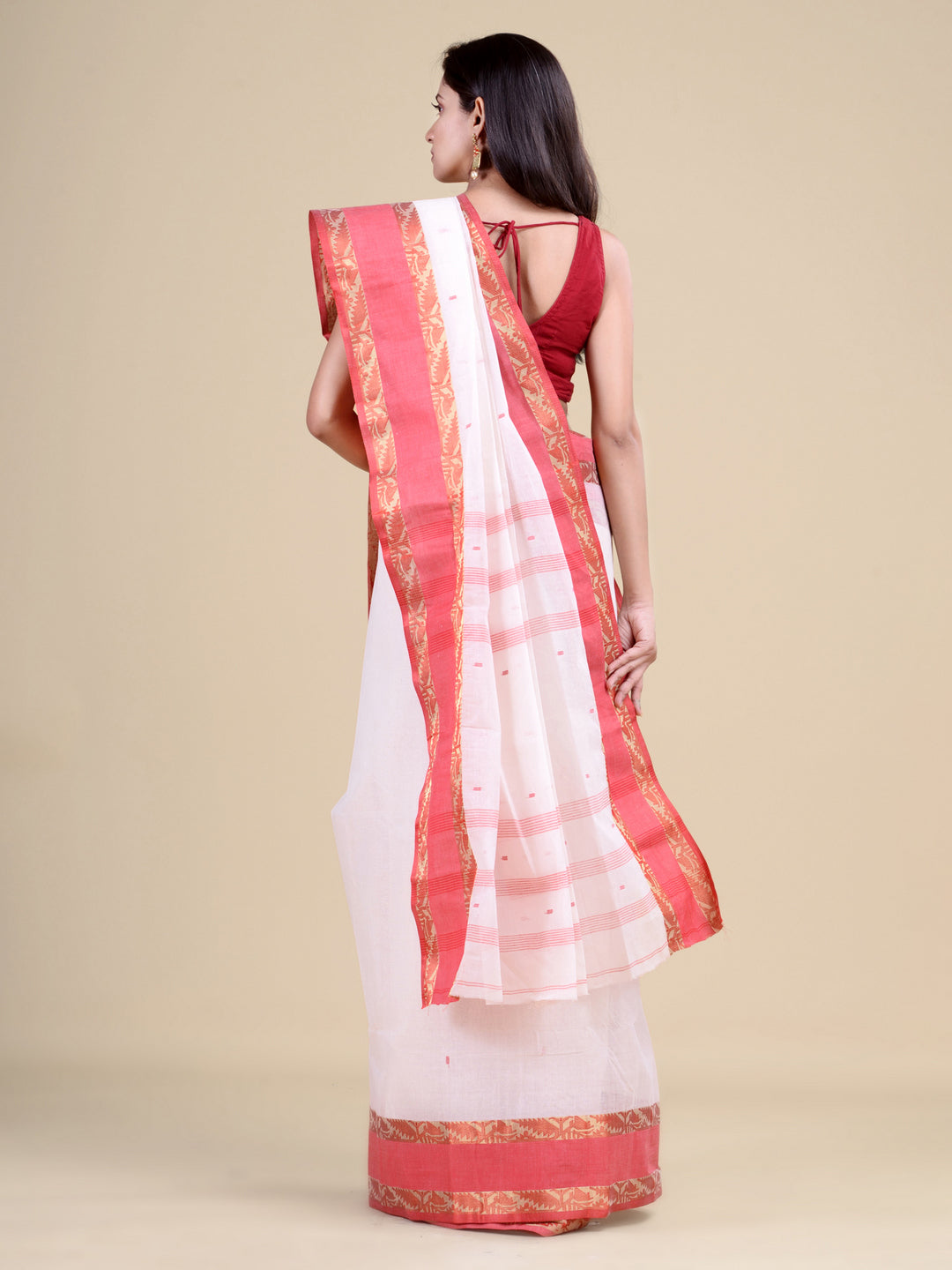 White & Red  pure cotton  taant saree