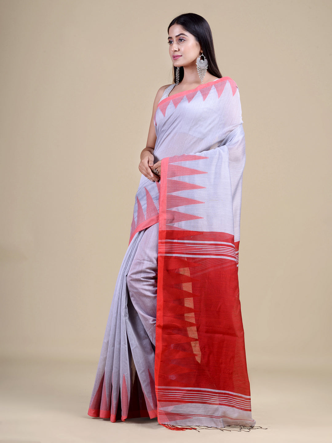 Silver & Red cotton handloom saree