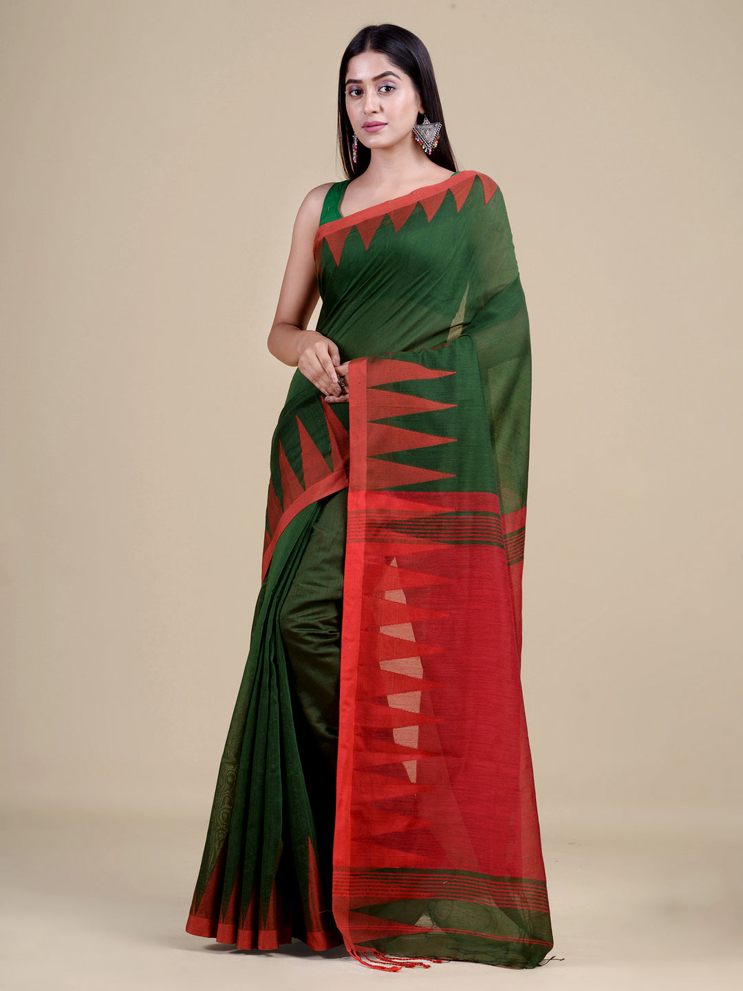 Green & Red cotton handloom saree