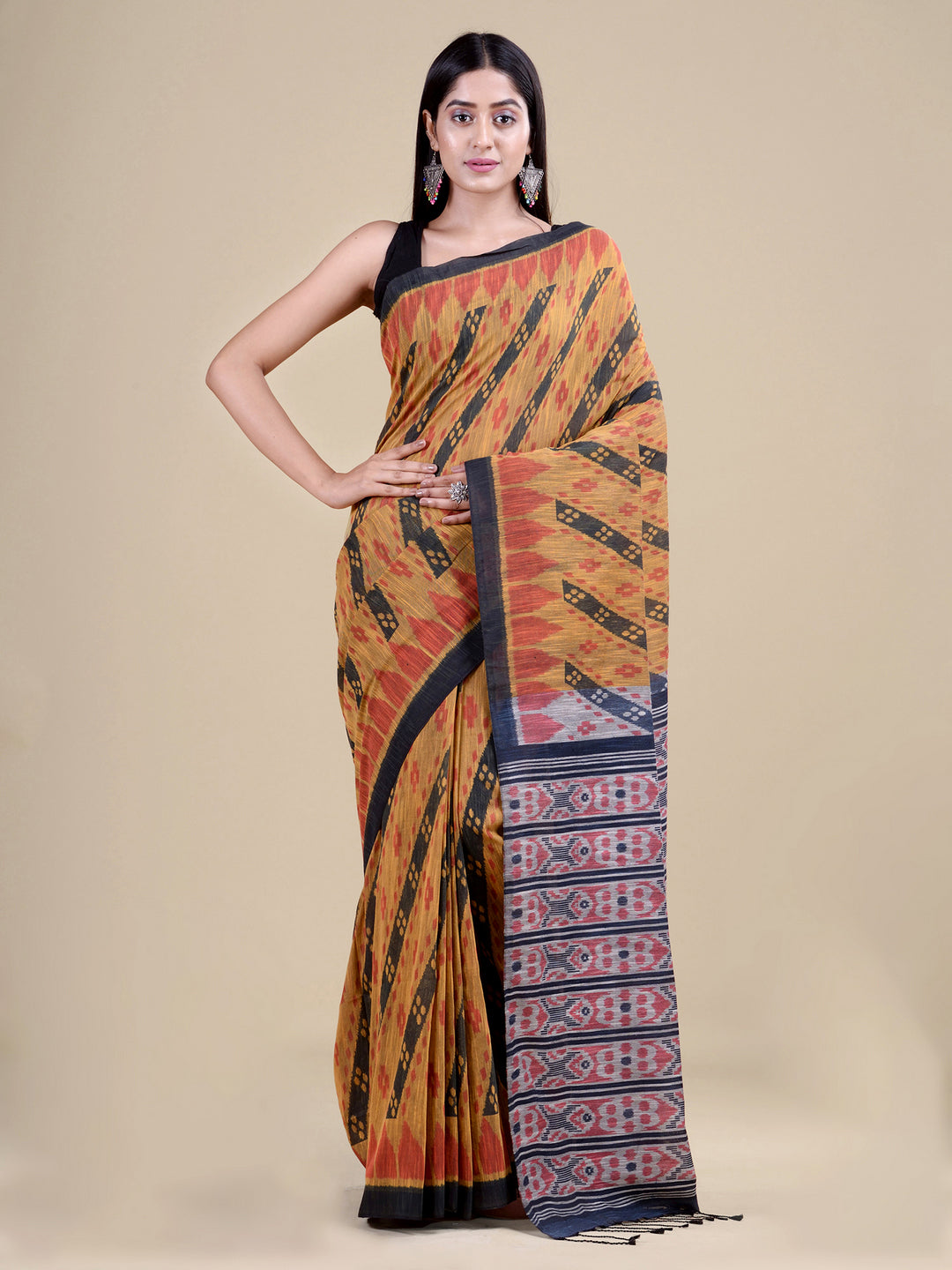 Mustard Yellow & Multi Pure Cotton Handloom Saree