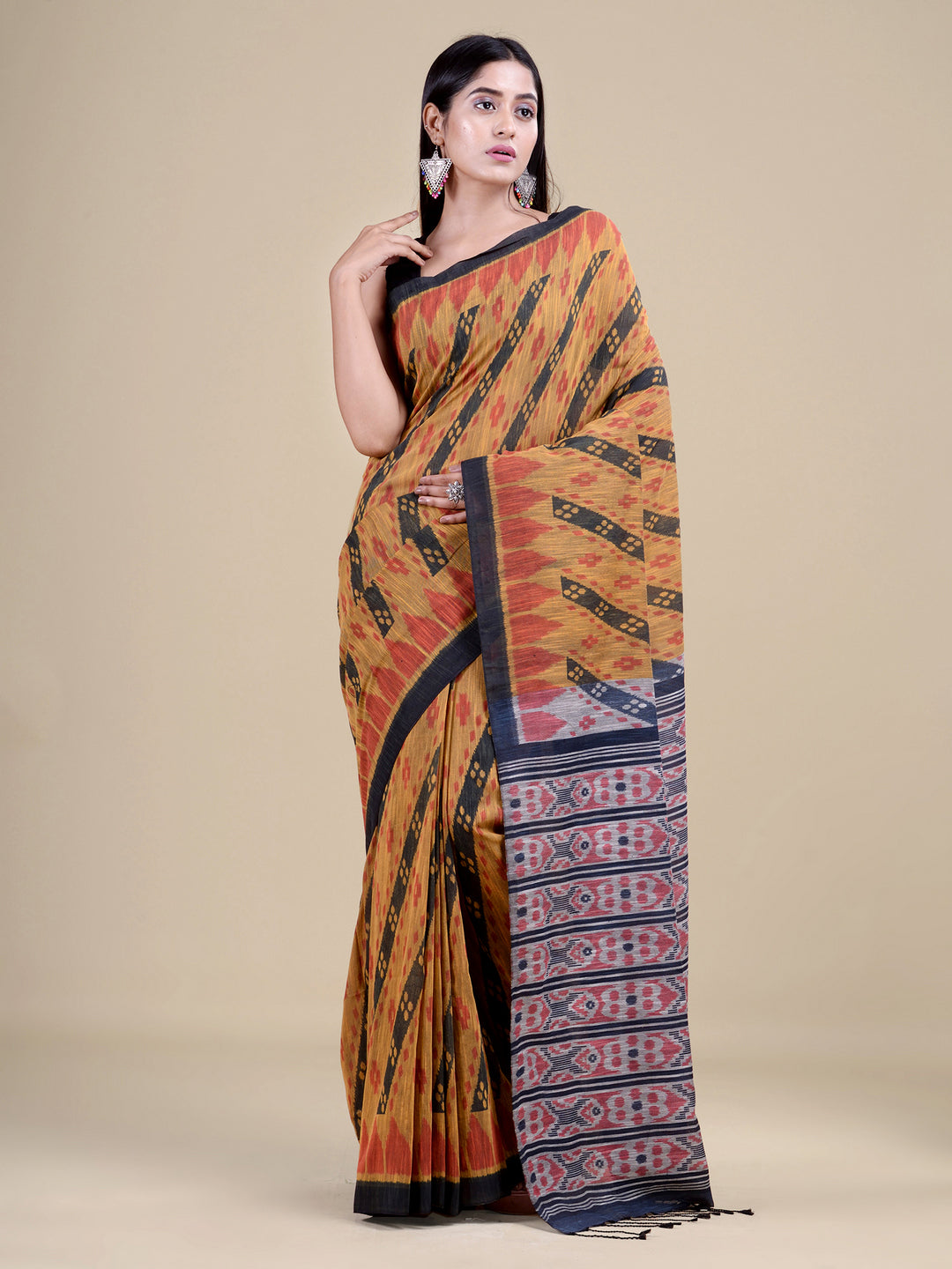 Mustard Yellow & Multi Pure Cotton Handloom Saree