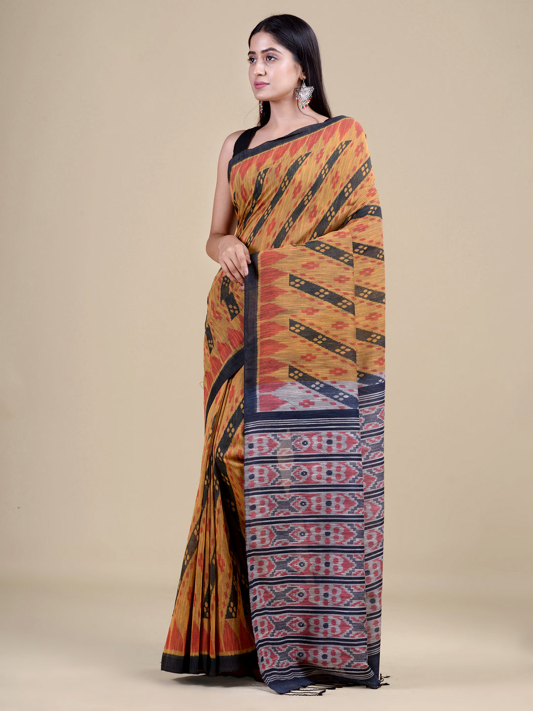 Mustard Yellow & Multi Pure Cotton Handloom Saree