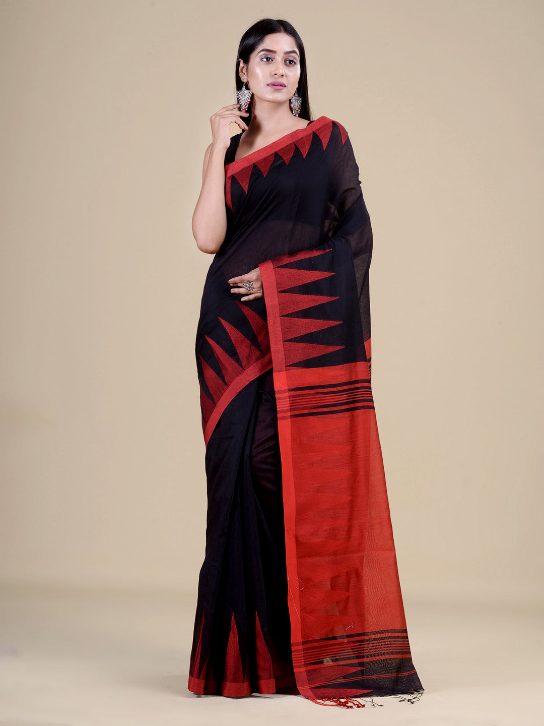 Black  & Red cotton handloom saree