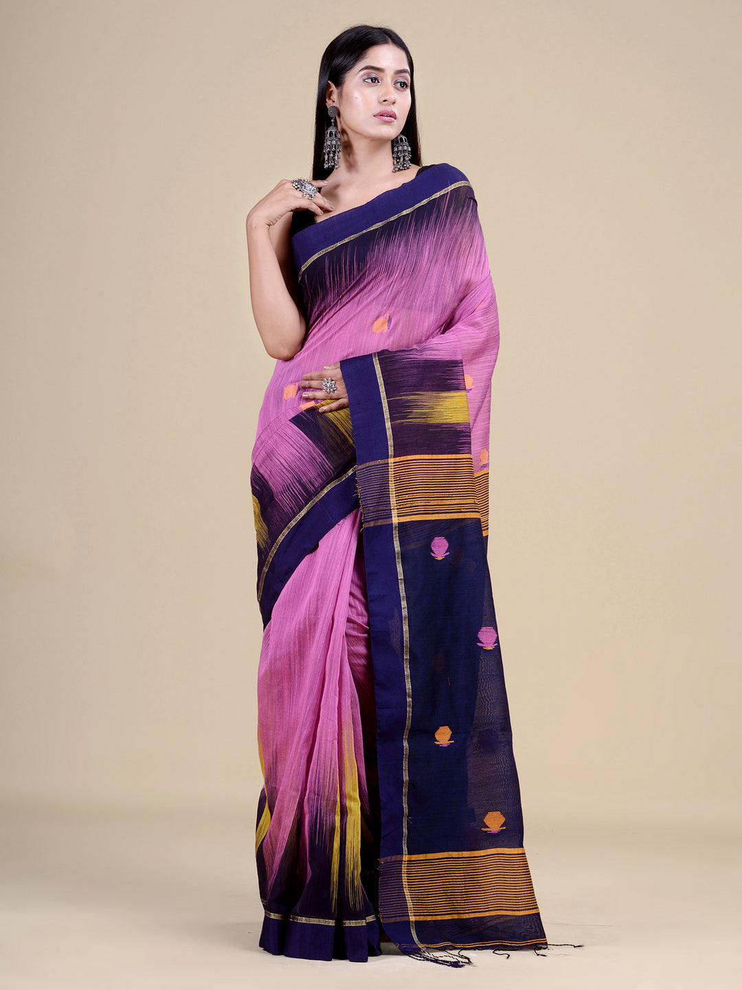 Mauve & Navy Blue Silk Blend Handloom Saree