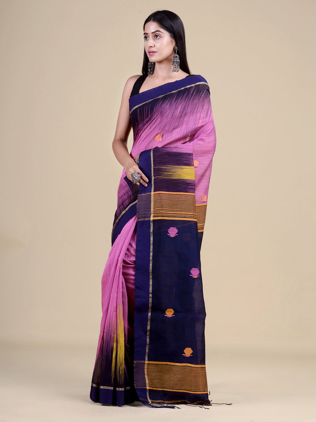 Mauve & Navy Blue Silk Blend Handloom Saree