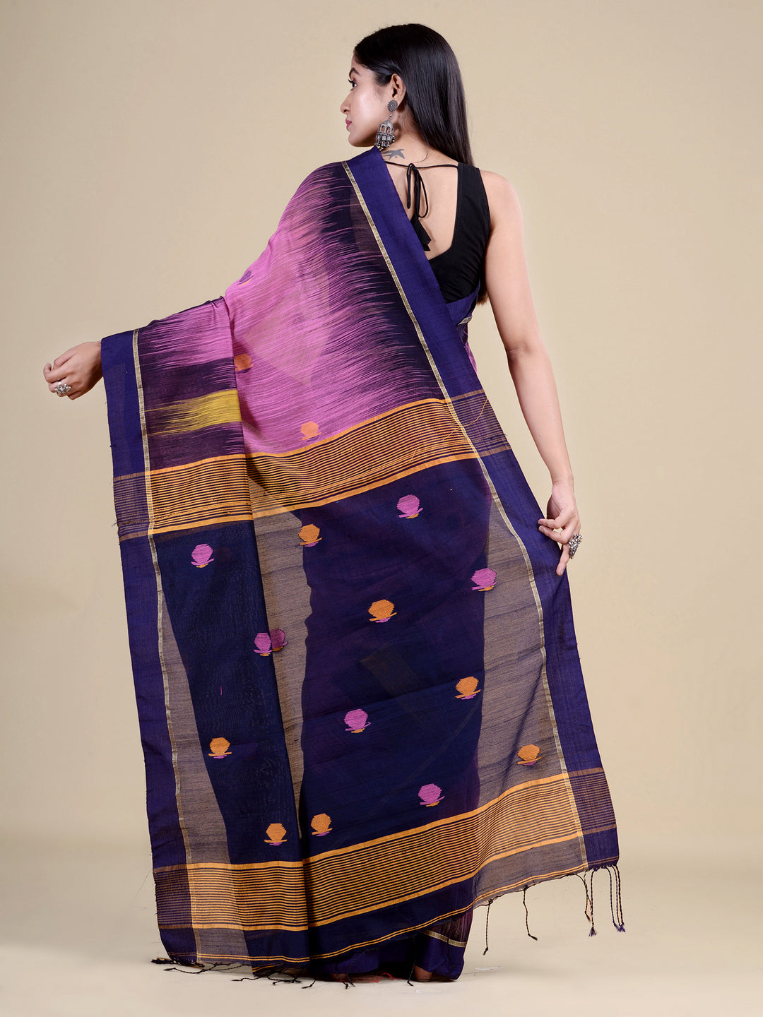 Mauve & Navy Blue Silk Blend Handloom Saree