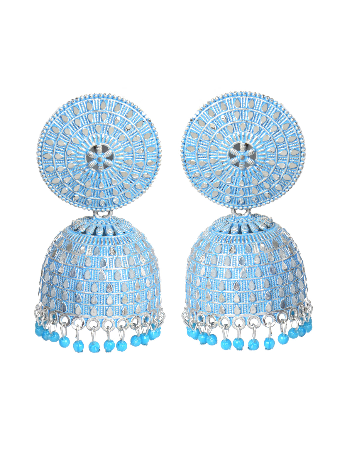 Sky blue & silver-Toned Dome Shaped Jhumkas