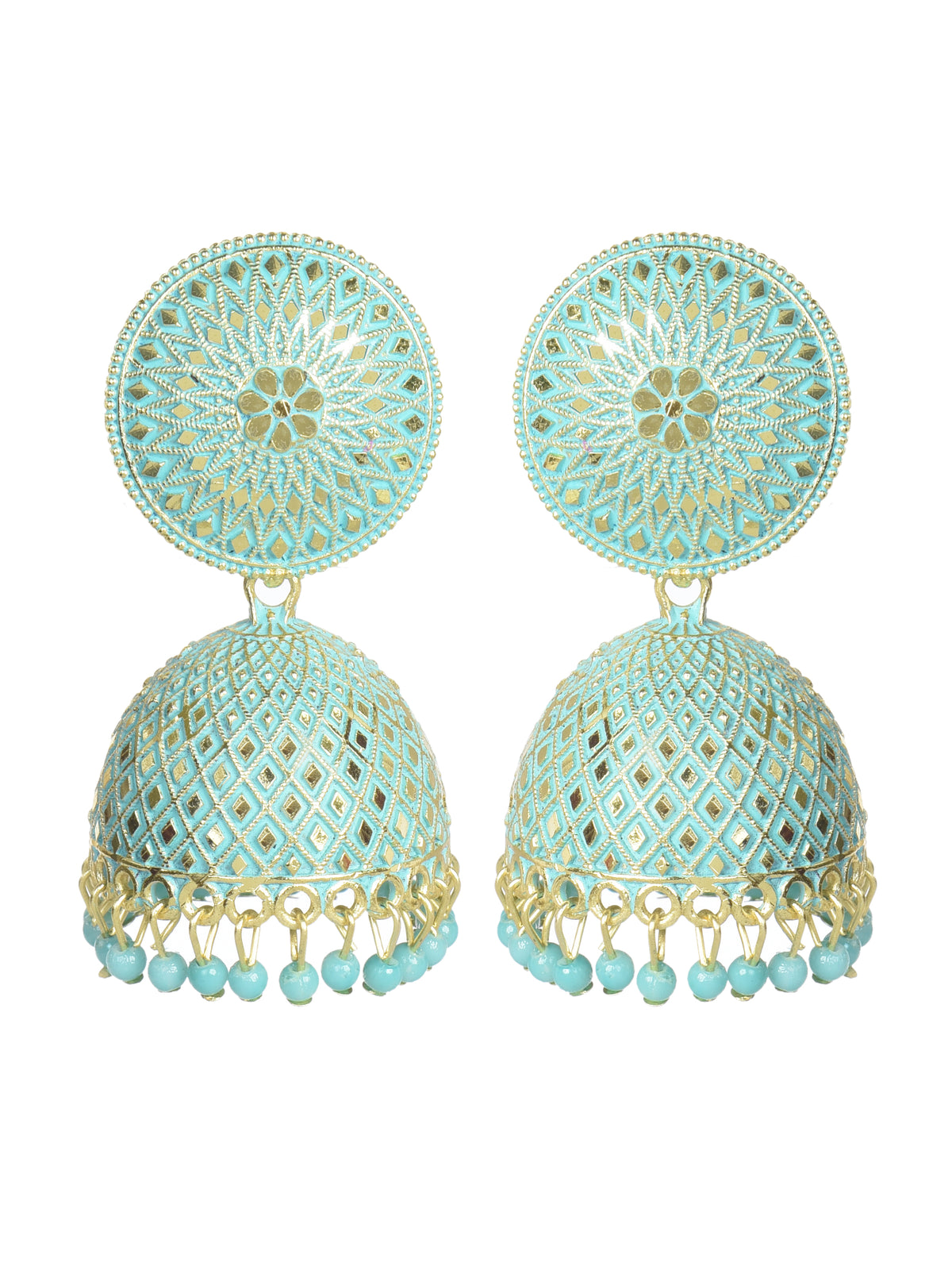 Sea green & Oxidised Gold-Plated Enamel Nakshi Jhumkas Earrings