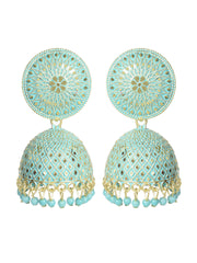 Sea green & Oxidised Gold-Plated Enamel Nakshi Jhumkas Earrings