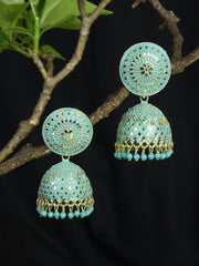 Sea green & Oxidised Gold-Plated Enamel Nakshi Jhumkas Earrings