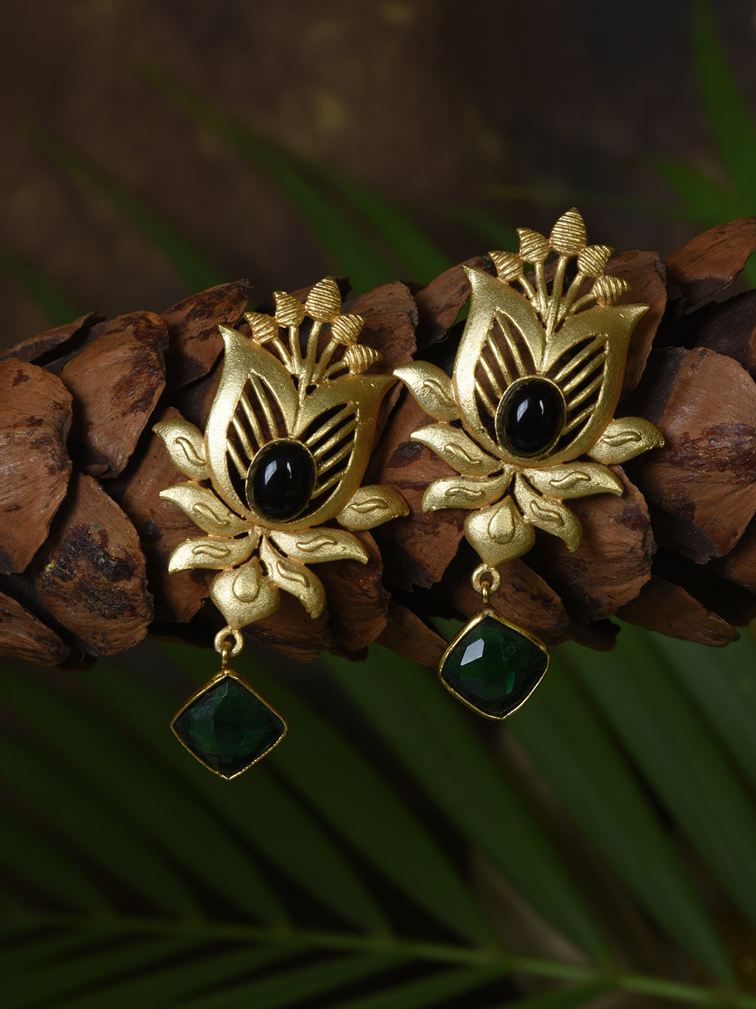 Gold-Plated Drop Earrings with Faux Emerald,