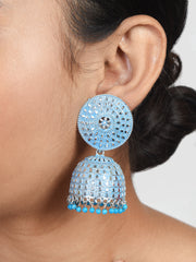 Sky blue & silver-Toned Dome Shaped Jhumkas