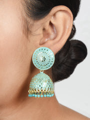 Sea green & Oxidised Gold-Plated Enamel Nakshi Jhumkas Earrings