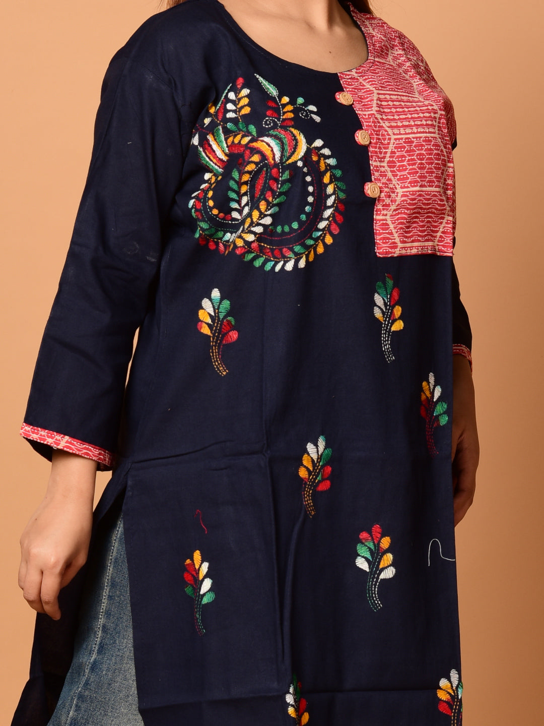 Navy Blue & Multi pure cotton Kantha work  Kurti
